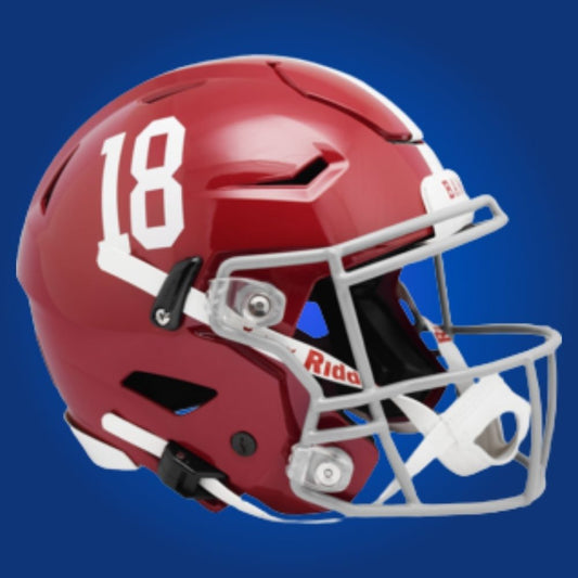Autographed Alabama Crimson Tide full size Authentic Helmet signed by Jalen Hurts displayed on a white background. SportsMarkets product photo.