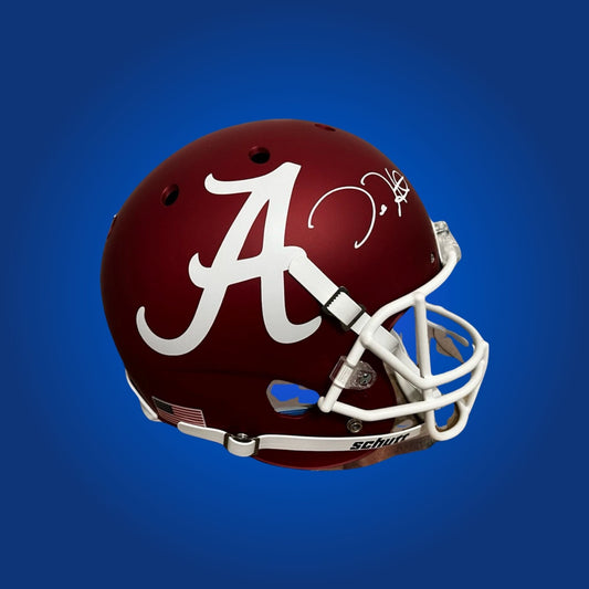 Autographed Alabama Crimson Tide full size replica helmet signed by Jalen Hurts displayed on a white background. SportsMarkets product photo.