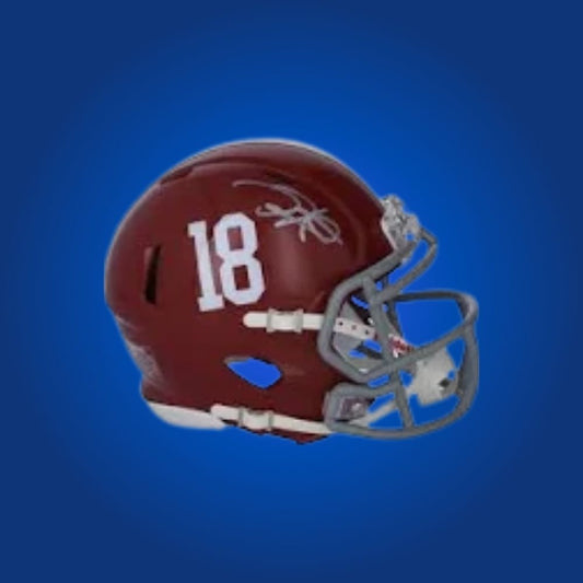 Autographed Alabama Crimson Tide mini helmet by Jalen Hurts, perfect for college football fans and collectors.