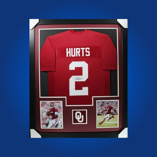 Jalen Hurts Signed Full Framed Custom Oklahoma Sooners Jersey – autographed memorabilia, championship quarterback collectible, perfect for Oklahoma fans.