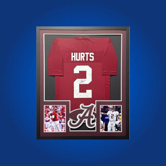 Jalen Hurts Signed Full Framed Custom Alabama Crimson Tide Jersey – autographed memorabilia, star quarterback collectible, perfect for Crimson Tide followers.