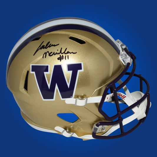 Autographed full size Authentic Helmet by Jalen McMillan, standout Washington Huskies wide receiver, displayed on a clean white background for professional clarity. Ideal for Huskies fans and memorabilia collectors. SportsMarkets memorabilia image.