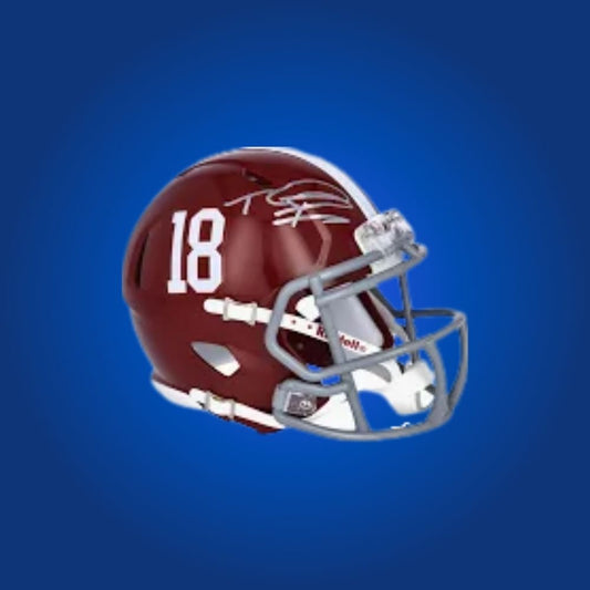 Jalen Milroe signed Alabama Crimson Tide mini helmet, perfect for Alabama enthusiasts and football memorabilia collectors.