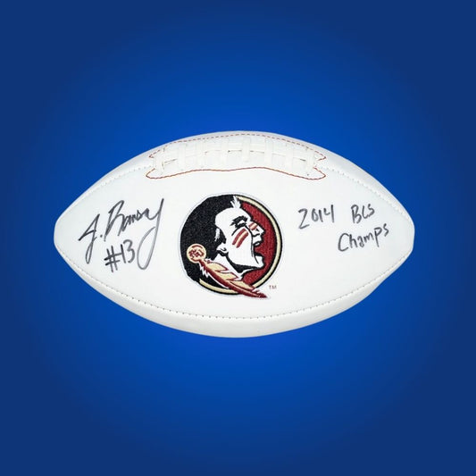 Jalen Ramsey autographed Florida St Seminoles white logo football, premier collectible for Seminoles fans and sports memorabilia collectors.