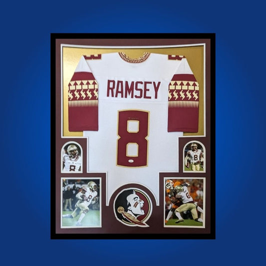 Jalen Ramsey Signed Full Framed Custom Florida St Seminoles Jersey – autographed memorabilia, elite defensive back collectible, essential for Seminoles collectors.
