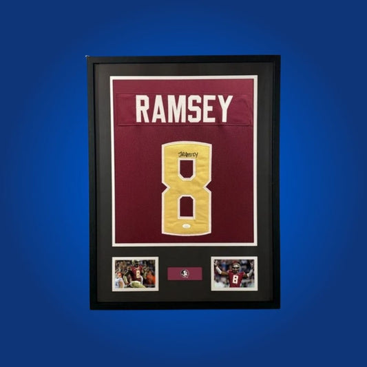 Jalen Ramsey Signed Full Framed Custom Florida St Seminoles Jersey – autographed memorabilia, elite defensive back collectible, essential for Seminoles collectors.