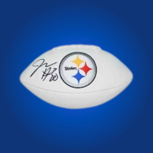 Jalen Warren autographed Steelers logo football, with rookie signature and Steelers branding.