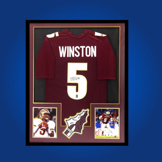 Jameis Winston Signed Full Framed Custom Florida St Seminoles Jersey – autographed memorabilia, Heisman Trophy quarterback collectible, perfect for Florida St supporters.