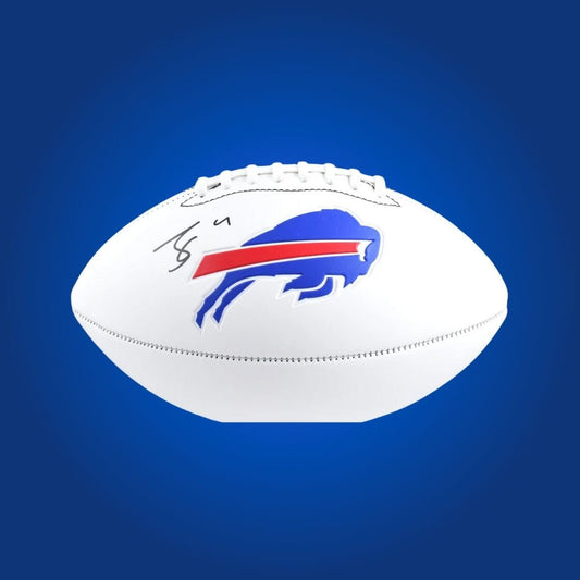 James Cook signed Buffalo Bills logo football, a certified authentic collectible for Bills supporters and NFL memorabilia enthusiasts.
