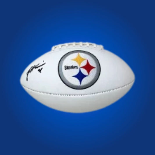 James Harrison signed Steelers logo football, signature and Pittsburgh branding visible.
