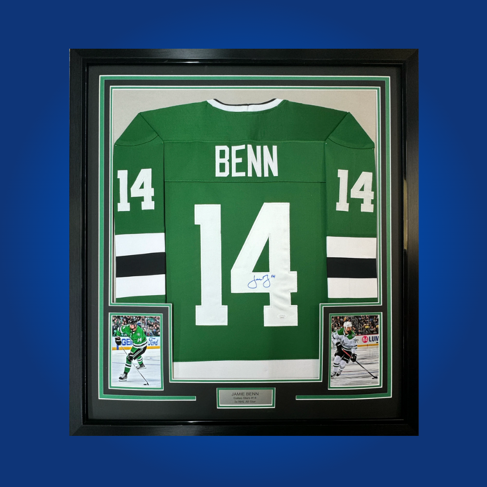 Jamie Benn’s full framed Dallas Stars green retro jersey, autographed and authenticated, marks the leadership and accomplishments of the team’s enduring captain.