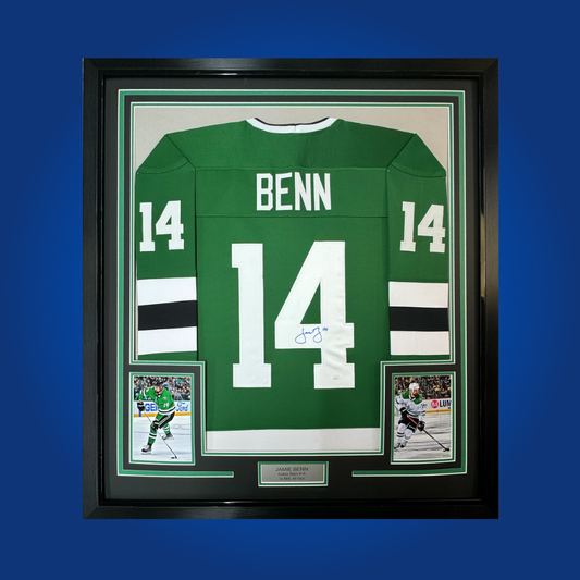 Jamie Benn’s full framed Dallas Stars green retro jersey, autographed and authenticated, marks the leadership and accomplishments of the team’s enduring captain.