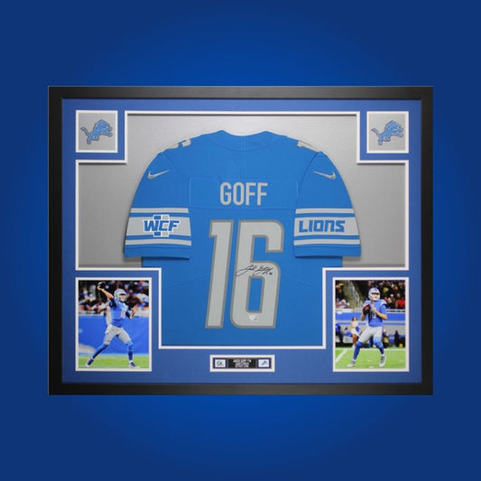 Framed Detroit Lions jersey signed by Jared Goff with action photos and Certificate of Authenticity