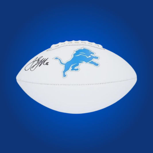 Jared Goff signed Detroit Lions logo football, showcasing his autograph, great for Lions fans and sports collectors.