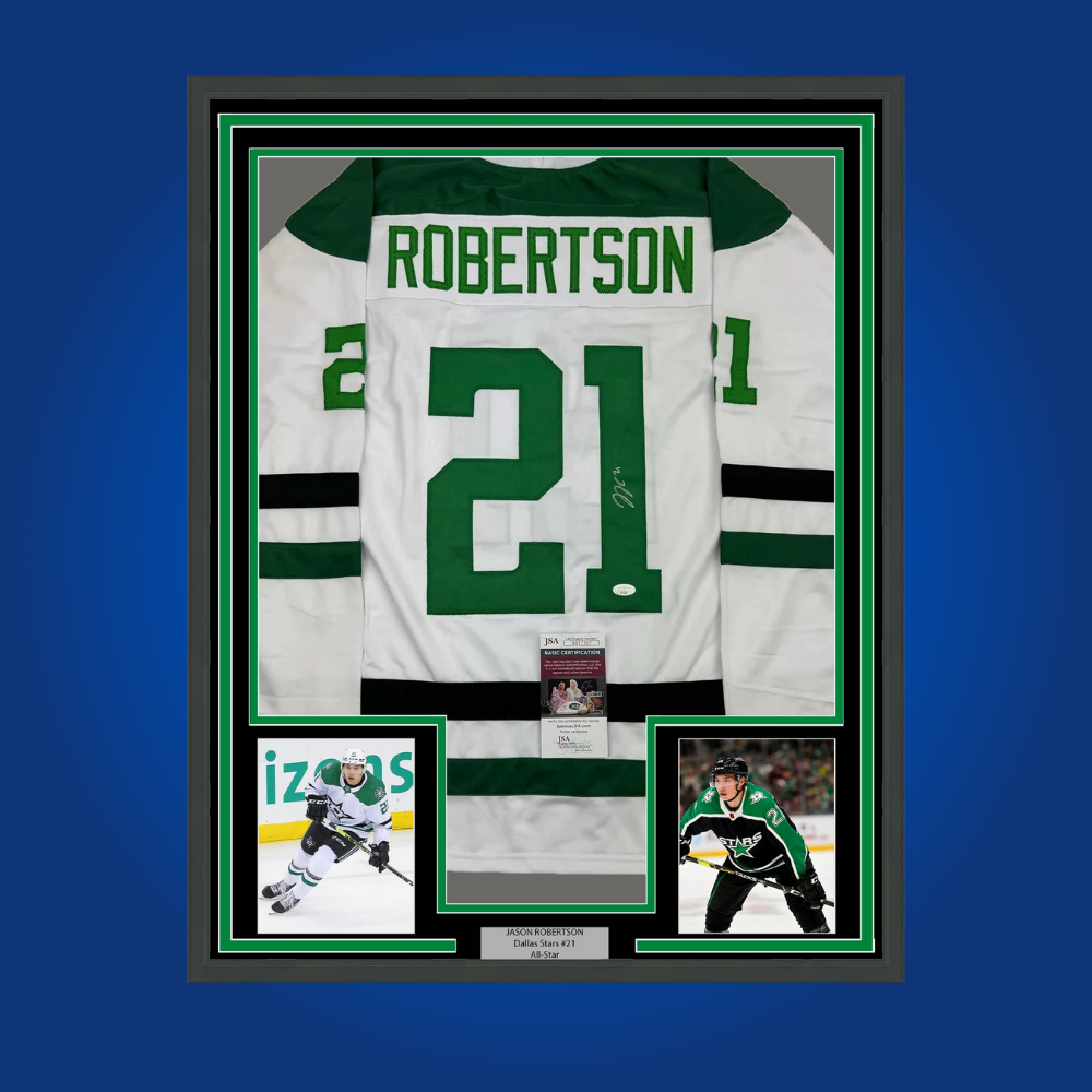 Jason Robertson’s full framed Dallas Stars green jersey, signed and authenticated, is a premium collectible for fans of the team’s rising stars and dynamic scorers.