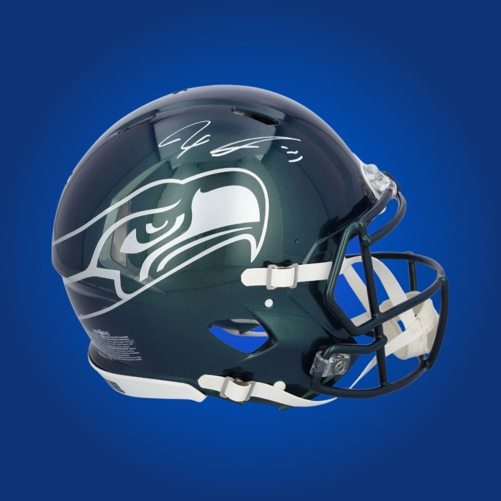 Jaxon Smith-Njigba hand-signed authentic Seattle Seahawks helmet, showcasing signature and official team graphics. A unique collectible for Seahawks fans and Smith-Njigba memorabilia collectors. Includes Certificate of Authenticity. Images may differ for catalog uniformity.