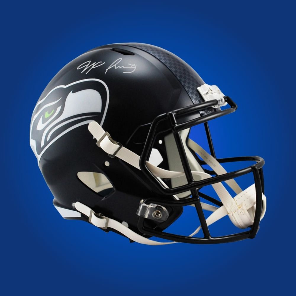 Jaxon Smith-Njigba hand-signed replica Seattle Seahawks helmet, showcasing signature and official team graphics. A unique collectible for Seahawks fans and Smith-Njigba memorabilia collectors. Includes Certificate of Authenticity. Images may differ for catalog uniformity.