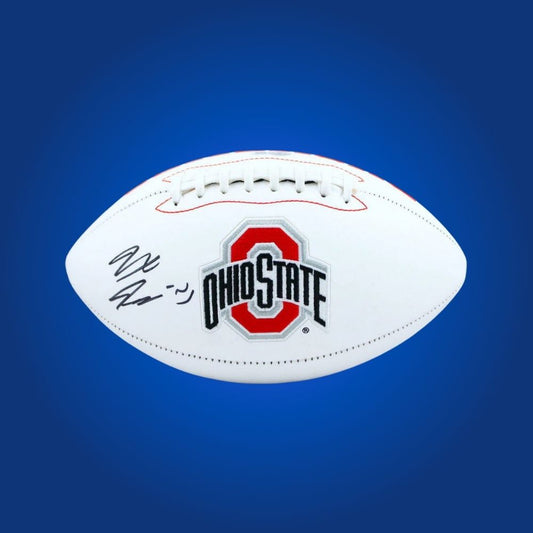 Jaxon Smith-Njigba autographed Ohio State Buckeyes white logo football, standout memorabilia for passionate Buckeyes supporters and collectors.