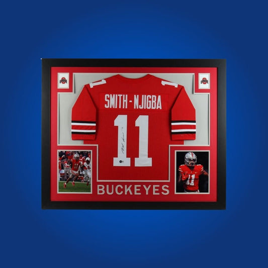 Jaxon Smith-Njigba Signed Full Framed Custom Ohio State Buckeyes Jersey – autographed memorabilia, breakout receiver collectible, perfect for Ohio State followers.
