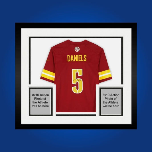 Framed Washington Commanders jersey signed by Jayden Daniels with Certificate of Authenticity.