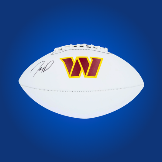 Jayden Daniels signed Washington Commanders logo football with his authentic autograph, ideal for Commanders fans and collectors.
