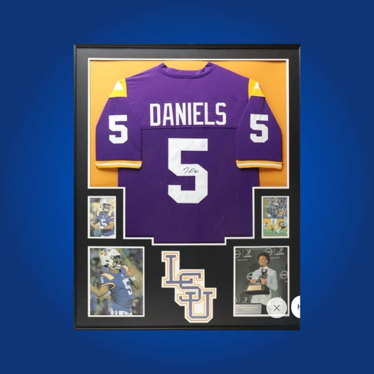 Jayden Daniels Signed Full Framed Custom LSU Tigers Jersey – autographed memorabilia, Heisman-winning quarterback collectible, essential for Tigers fans.