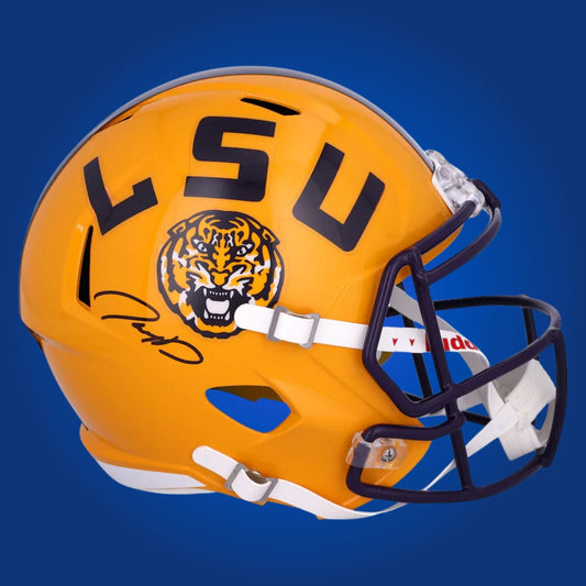 Autographed LSU Tigers full size replica helmet signed by Jayden Daniels, shown on a white background. SportsMarkets exclusive memorabilia image.