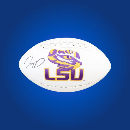 Jayden Daniels autographed LSU Tigers white logo football, premium collectible for dedicated LSU fans and memorabilia enthusiasts.