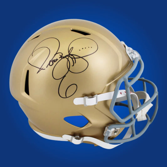Autographed Notre Dame Fighting Irish full size replica helmet signed by Jerome Bettis, photographed on a white background. SportsMarkets product image.