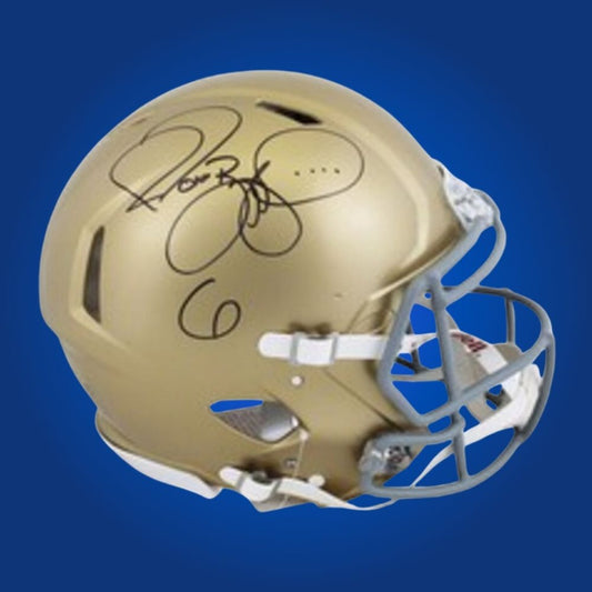 Autographed Notre Dame Fighting Irish full size Authentic Helmet signed by Jerome Bettis, photographed on a white background. SportsMarkets product image.