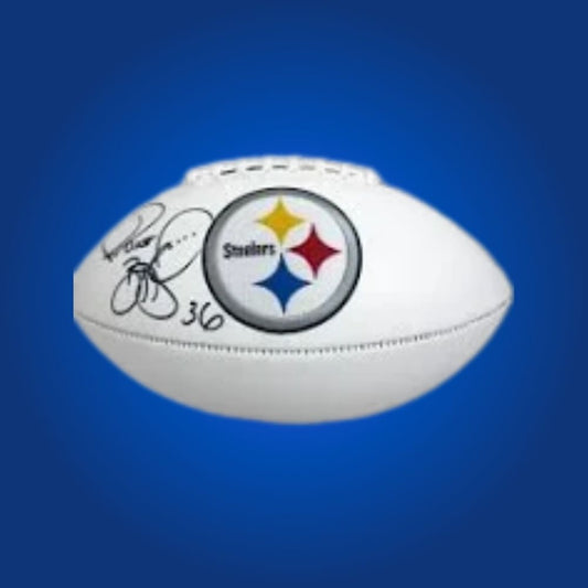 Jerome Bettis signed Steelers logo football, featuring “The Bus” autograph and Steelers logo.