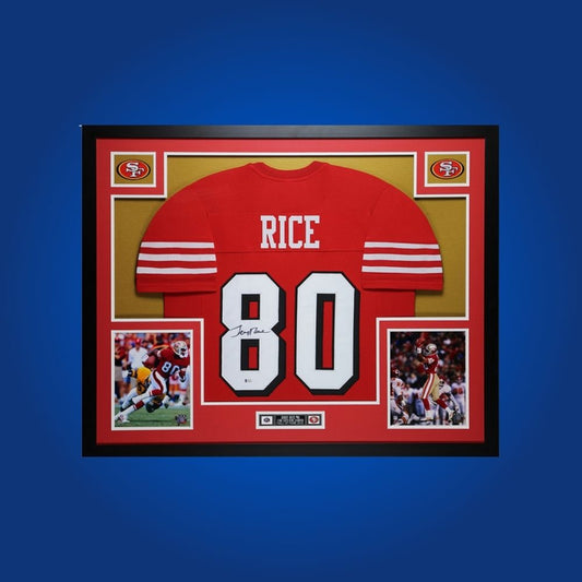 Autographed San Francisco 49ers custom jersey by Jerry Rice with Certificate of Authenticity.