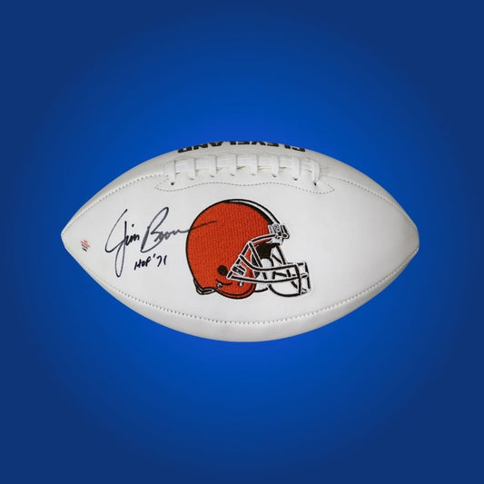 Jim Brown autographed Cleveland Browns logo football, a prized piece for any collection, authenticated and ideal for honoring a legend.