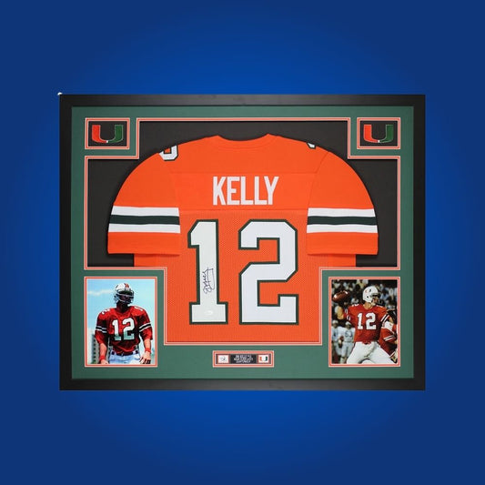 Jim Kelly Signed Full Framed Custom Miami Hurricanes Jersey – autographed memorabilia, iconic quarterback collectible, ideal for Hurricanes enthusiasts.