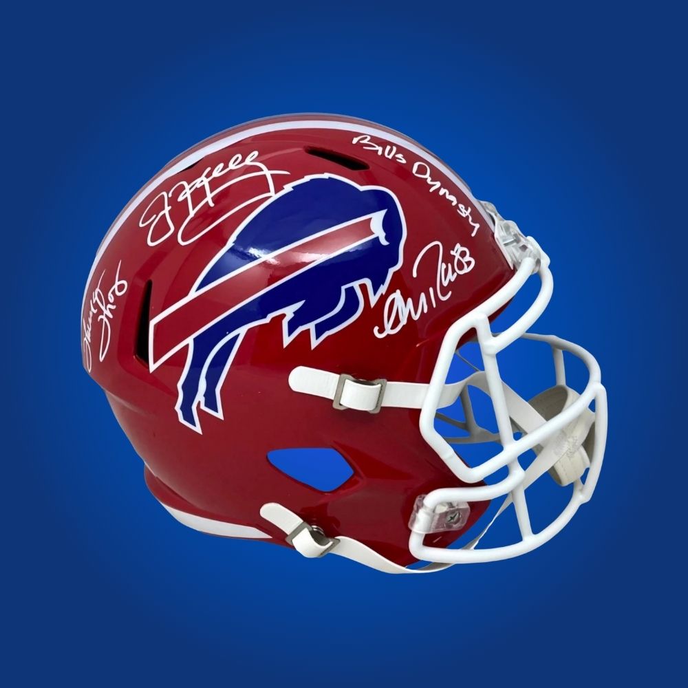 Jim Kelly, Thurman Thomas, and Andre Reed hand-signed authentic Buffalo Bills helmet, showcasing signatures and official team graphics. A unique collectible for Bills fans and legends memorabilia collectors. Includes Certificate of Authenticity. Images may differ for catalog uniformity.