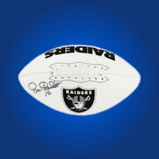 Jim Plunkett signed Las Vegas Raiders logo football, an essential item for dedicated Raiders supporters, certificate of authenticity included and ready for display.