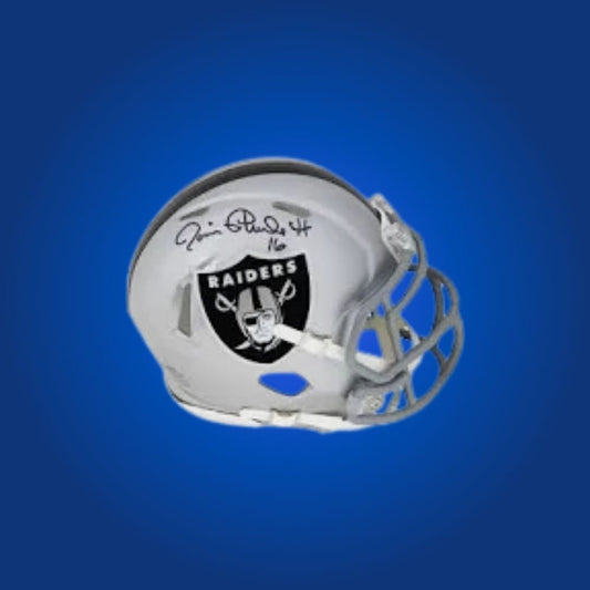 Las Vegas Raiders Silver Speed Mini Helmet autographed by Jim Plunkett, Certificate of Authenticity included
