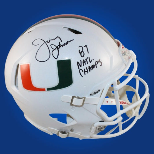 Autographed Miami Hurricanes full size Authentic Helmet signed by Jimmie Johnson, set against a clean white background. SportsMarkets official product photo.