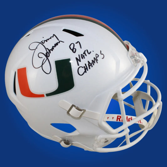 Autographed Miami Hurricanes full size replica helmet signed by Jimmie Johnson, set against a clean white background. SportsMarkets official product photo.