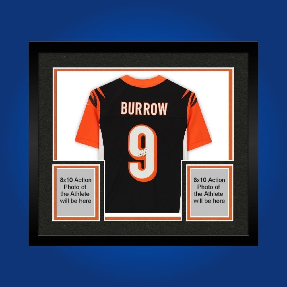 Framed Cincinnati Bengals custom jersey signed by Joe Burrow with Certificate of Authenticity.