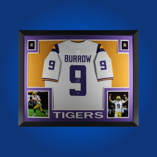 Joe Burrow Signed Full Framed Custom LSU Tigers Jersey – autographed memorabilia, Heisman-winning quarterback collectible, a centerpiece for Tigers fans.
