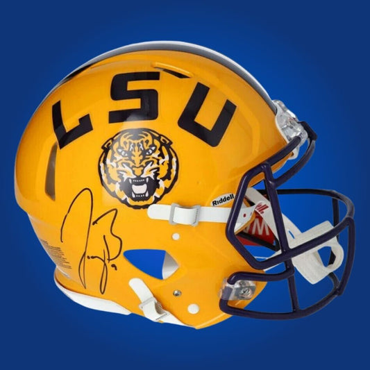 Autographed LSU Tigers full size Authentic Helmet signed by Joe Burrow, showcased on a white background. SportsMarkets collectible product photo.