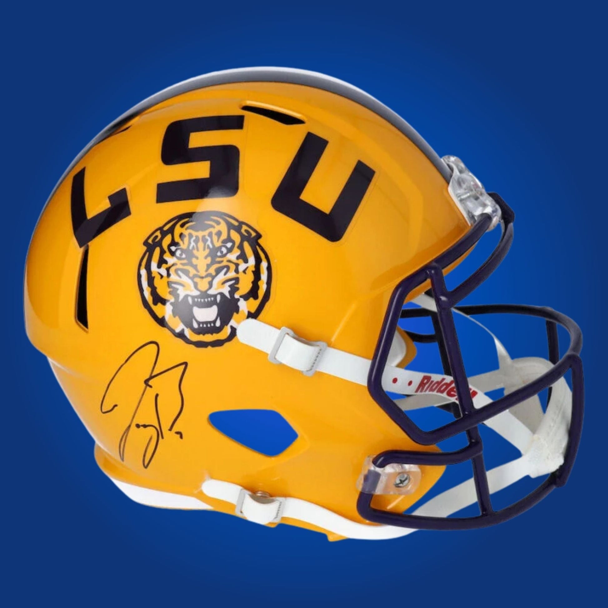 Autographed LSU Tigers full size replica helmet signed by Joe Burrow, showcased on a white background. SportsMarkets collectible product photo.