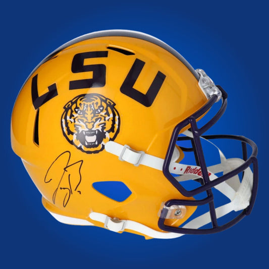 Autographed LSU Tigers full size replica helmet signed by Joe Burrow, showcased on a white background. SportsMarkets collectible product photo.