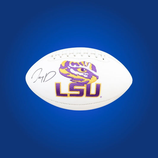 Joe Burrow autographed LSU Tigers white logo football, exclusive collectible for LSU fans and memorabilia enthusiasts.