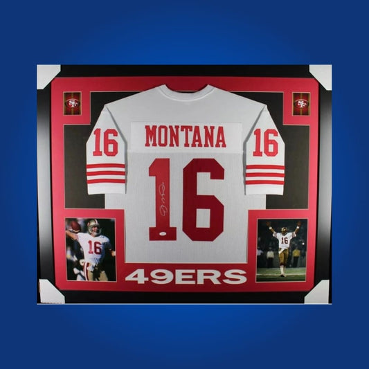 Framed San Francisco 49ers jersey signed by Joe Montana with action photos and Certificate of Authenticity