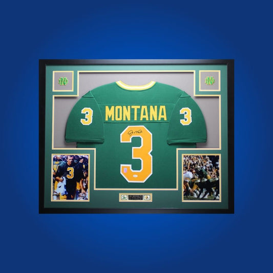 Joe Montana Signed Full Framed Custom Notre Dame Fighting Irish Jersey – autographed memorabilia, legendary quarterback collectible, centerpiece for Notre Dame fans.