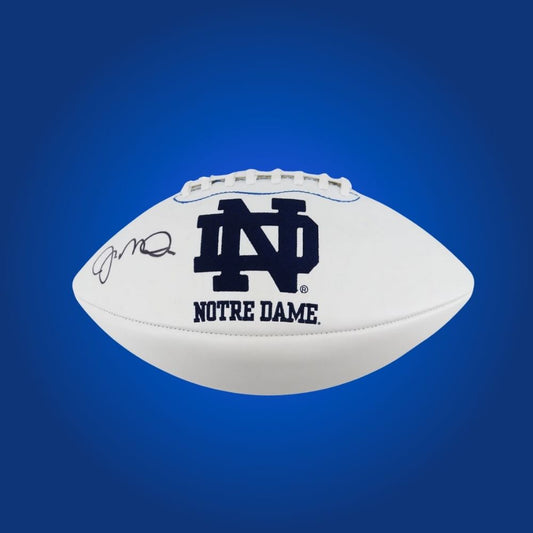 Joe Montana autographed Notre Dame Fighting Irish white logo football, legendary collectible for Notre Dame fans and memorabilia collectors.