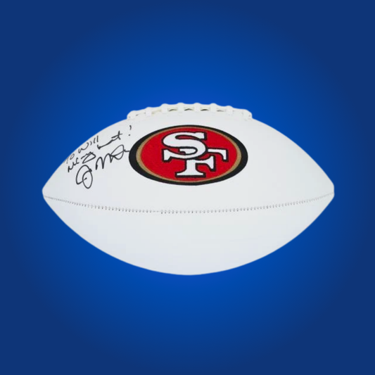Joe Montana signed San Francisco 49ers logo football, showcasing his legendary autograph, a must-have for 49ers supporters.