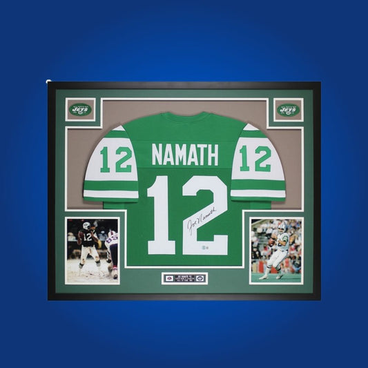 Autographed New York Jets custom jersey by Joe Namath with Certificate of Authenticity.